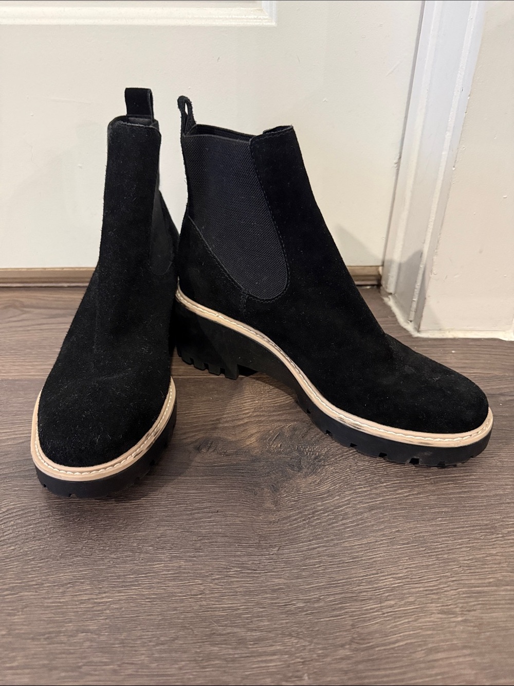 Dolce Vita Black Suede Chelsea Ankle Boots with Tan Trim